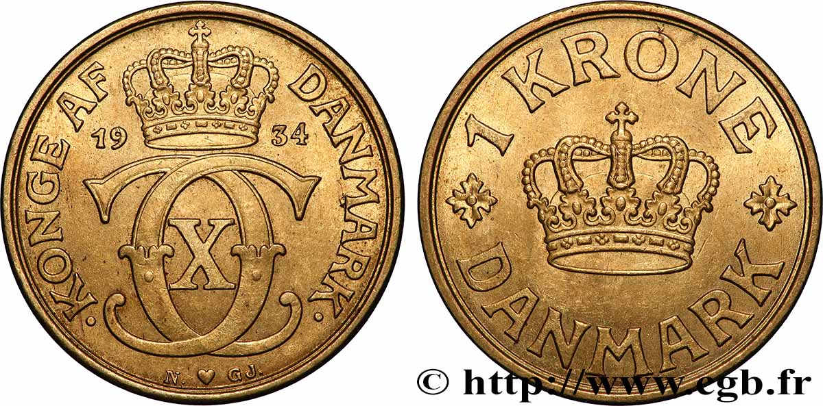 DANEMARK 1 Krone Christian X 1934 Copenhague TTB+ 