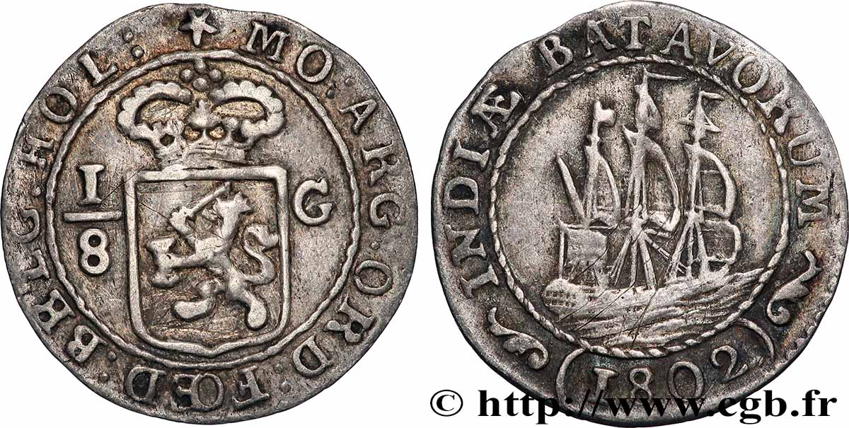NETHERLANDS INDIES 1/8 Gulden République Batave 1802  XF 