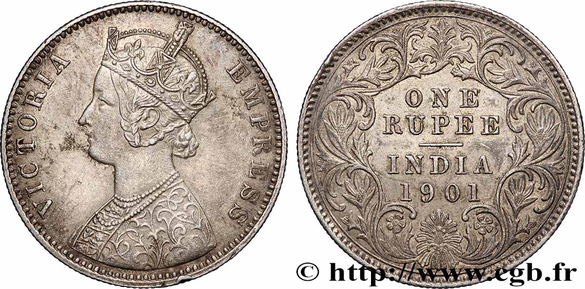 BRITISH INDIA 1 Rupee (Roupie) Victoria 1901 Bombay AU 