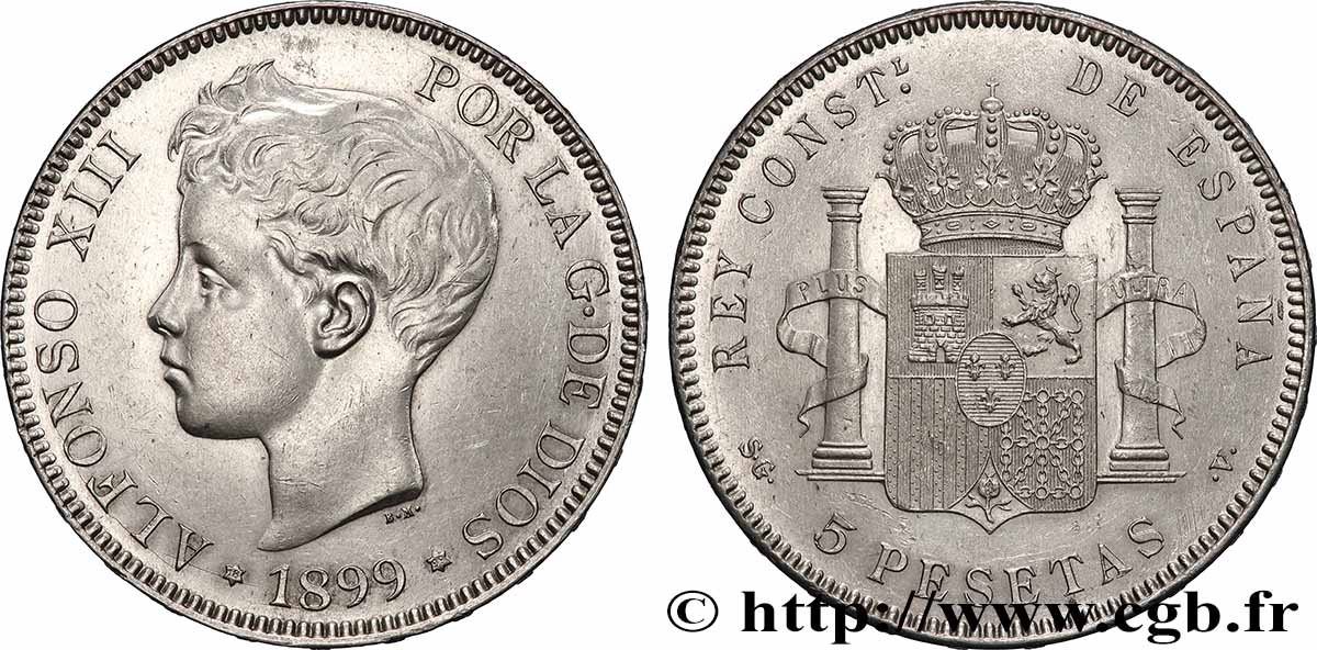 SPAIN 5 Pesetas Alphonse XIII 3e type 1899 Madrid AU 