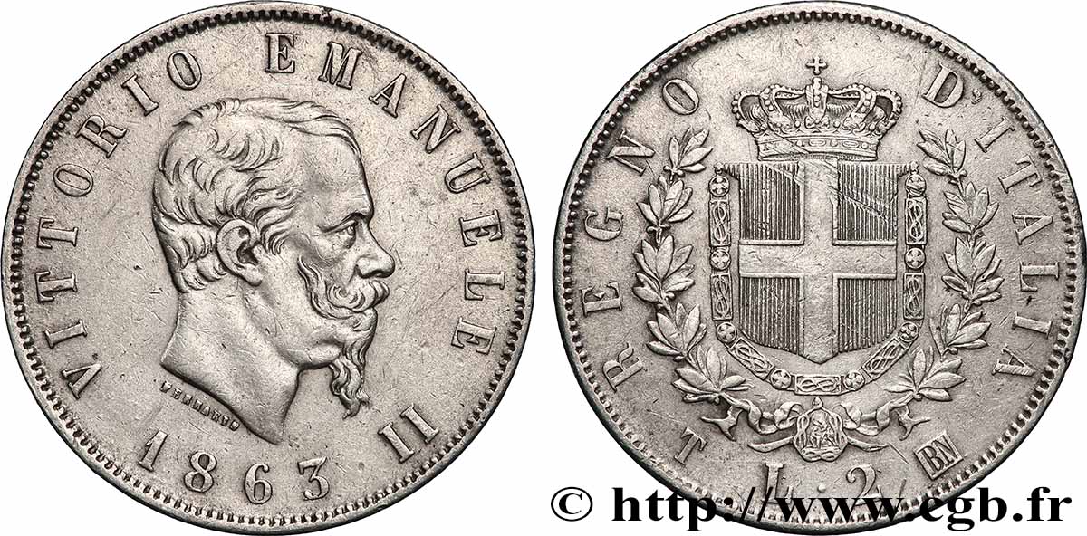 ITALY 2 Lire Victor-Emmanuel II 1863 Turin XF 