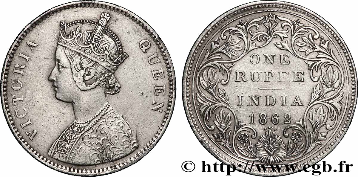 BRITISH INDIA 1 Roupie Victoria 1862 Calcutta AU 