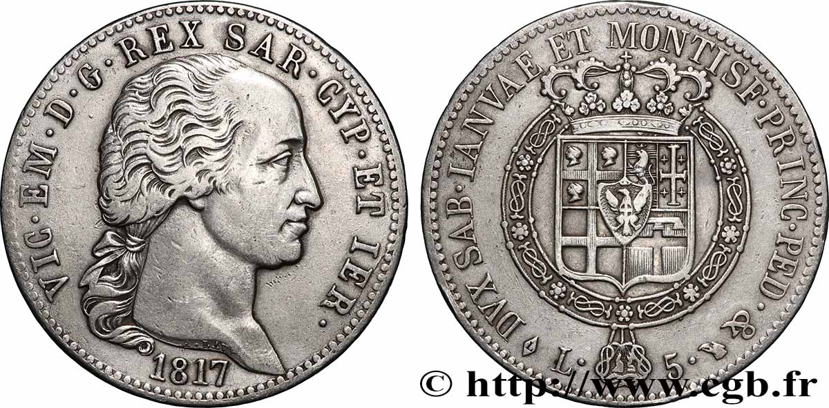 ITALIE - ROYAUME DE SARDAIGNE - VICTOR-EMMANUEL Ier 5 Lire 1817 Turin TTB 