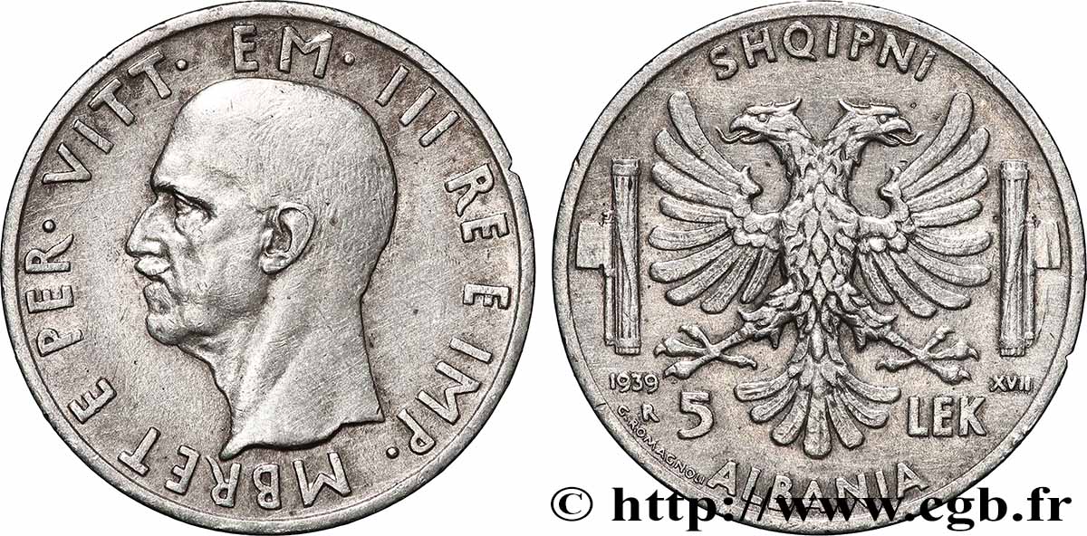 ALBANIA 5 Lek Victor-Emmanuel III 1939 Rome AU 