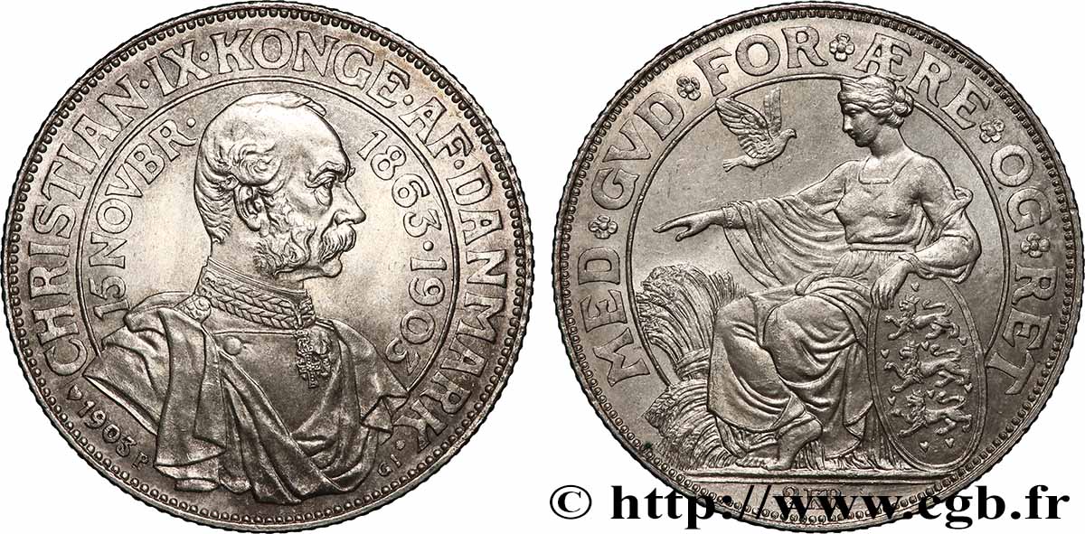 DANEMARK 2 Kroner 40e anniversaire de règne du roi Christian IX  1903 Copenhague SPL 
