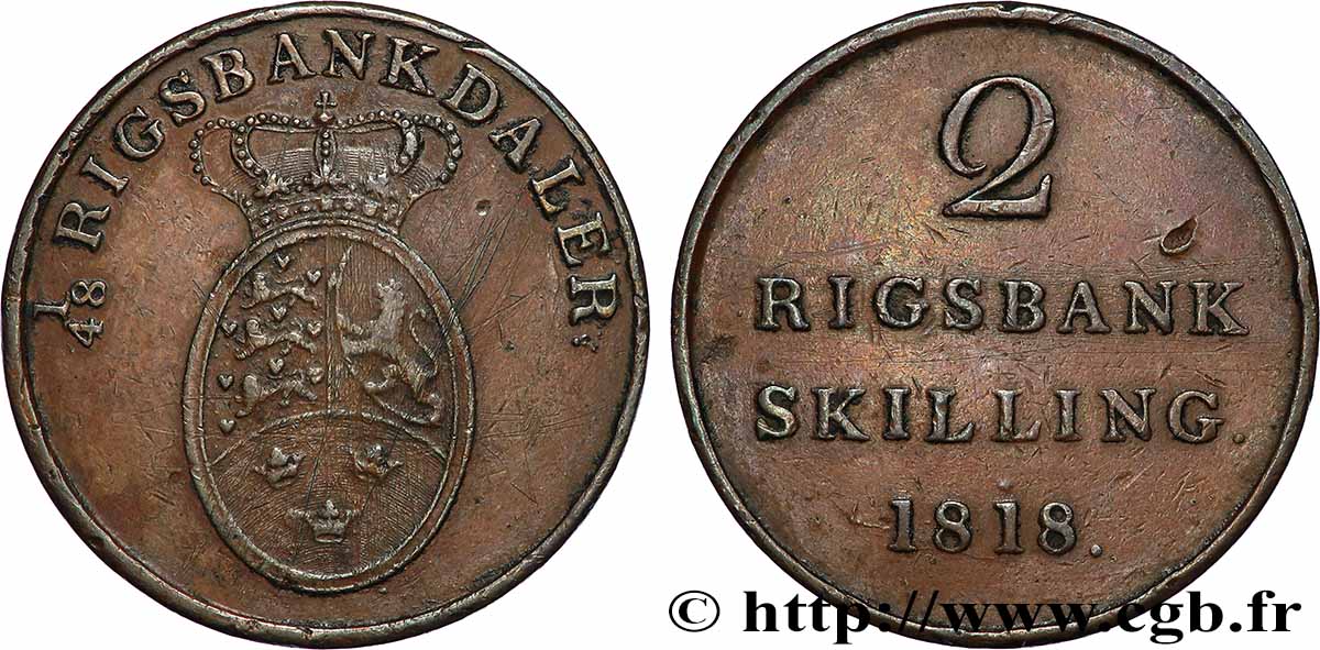 DANEMARK - ROYAUME DE DANEMARK - FRÉDÉRIC VI 2 Rigsbankskilling 1818  TTB 