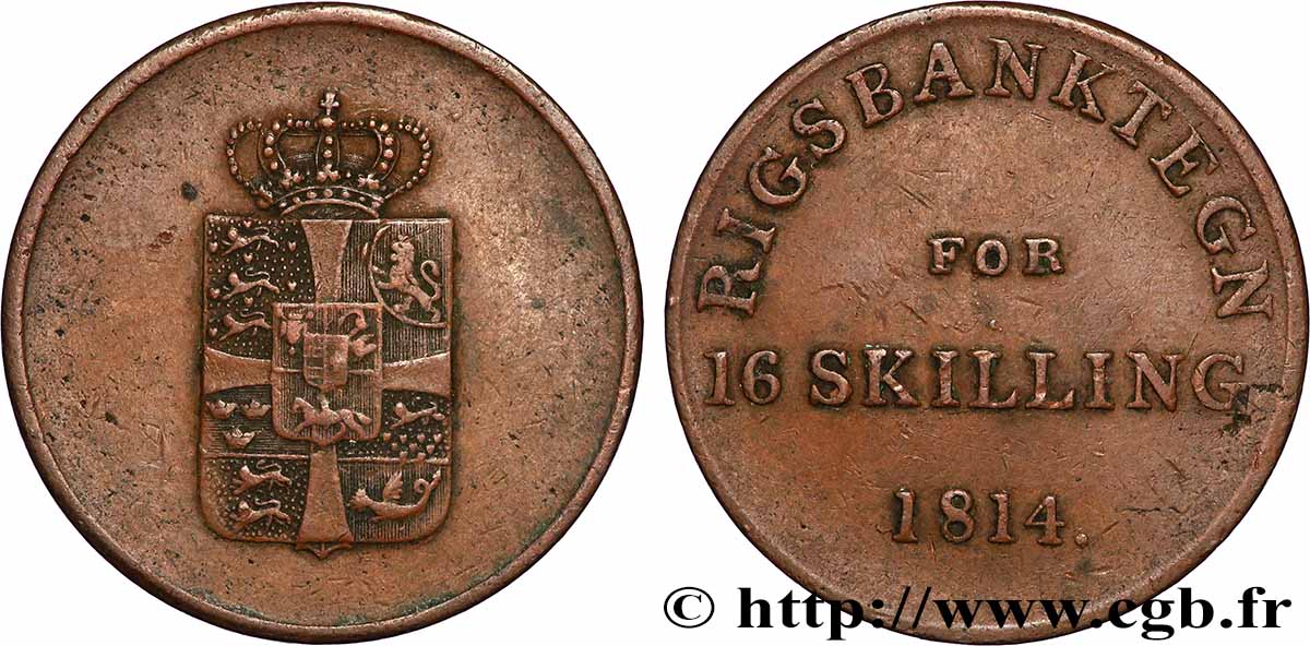 DANEMARK 16 Skilling (Jeton de la Rigsbank) 1814  TB+ 