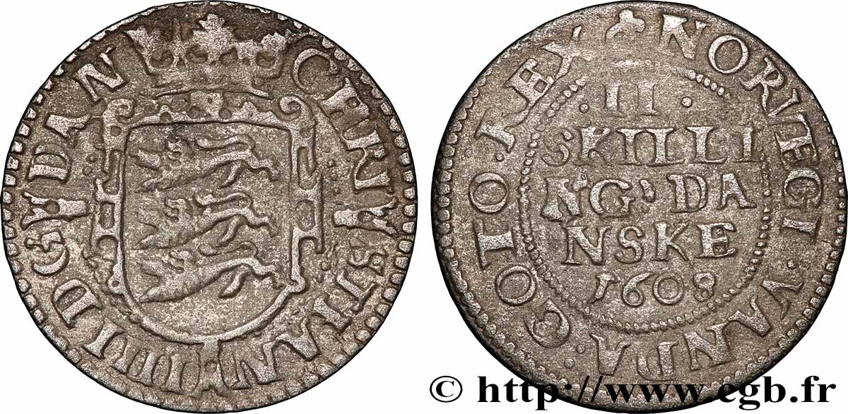 DANEMARK - ROYAUME DE DANEMARK - CHRISTIAN IV 2 Skilling Dansk 1608 Copenhague TTB 
