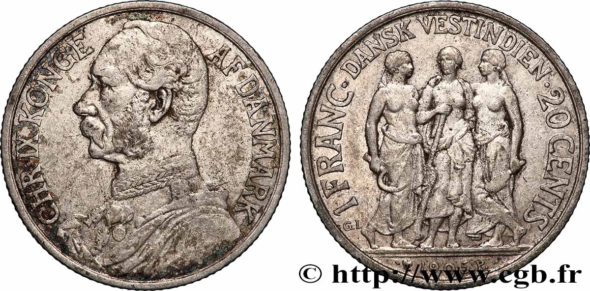 INDES DANOISES 1 Franc (20 Cents) Frederik VII 1905  TTB 