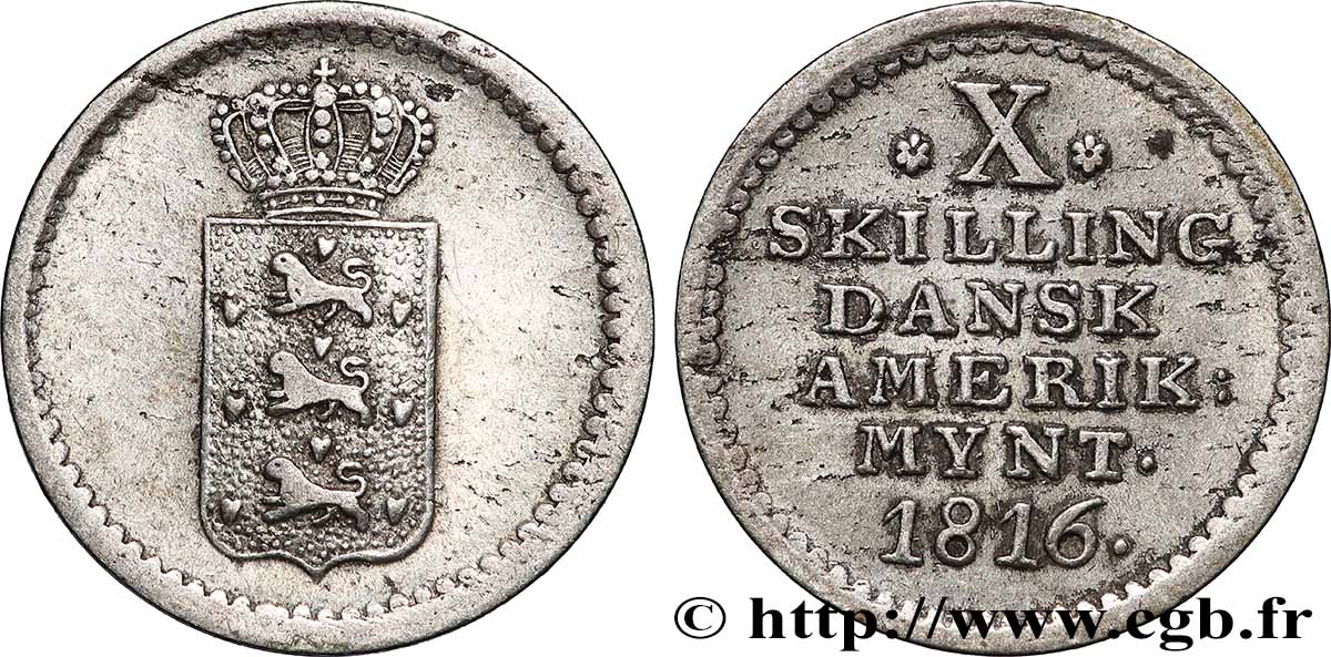 INDES DANOISES 10 Skilling Frédérik VI 1816  TB+ 