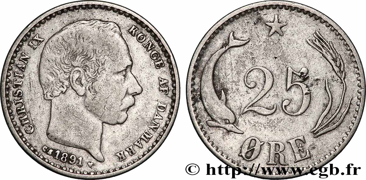 DANEMARK 25 Ore Christian X roi du Danemark 1891 Copenhague TTB 
