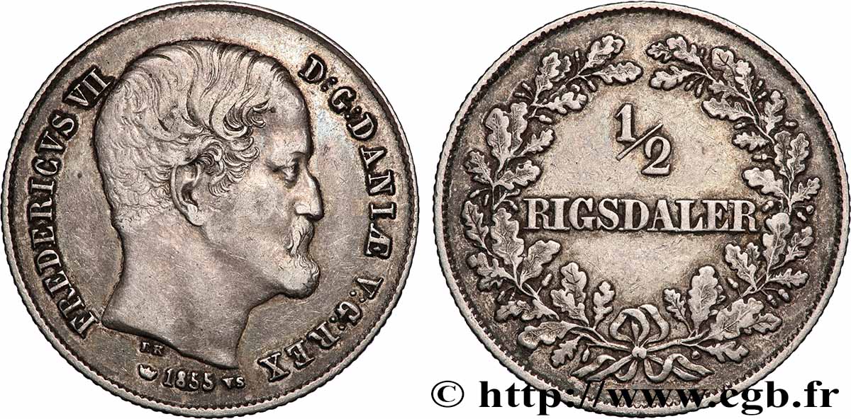 DANEMARK 1/2 Rigsdaler Frédéric VII 1855 Copenhague TTB 