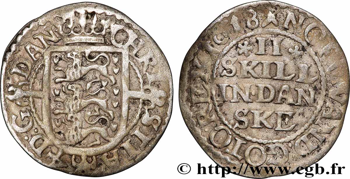 DANEMARK - ROYAUME DE DANEMARK - CHRISTIAN IV 2 Skilling Dansk 1618 Copenhague TTB 