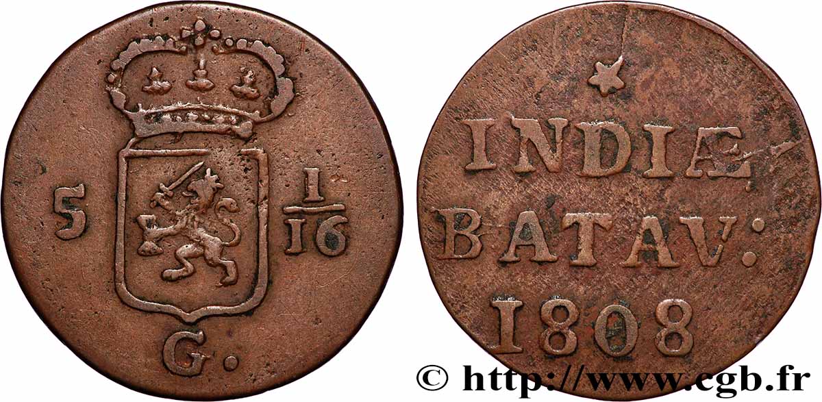 INDES NEERLANDAISES 5 1/16 Gulden (1 Duit) 1808 Enkhuizen TB+ 