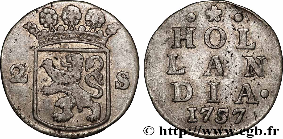 NETHERLANDS - UNITED PROVINCES 2 Stuivers Hollande : armes couronnée 1757  XF 