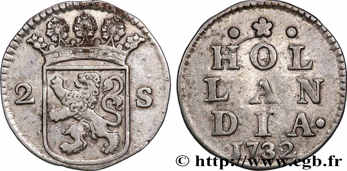 PAESI BASSI - PROVINCE UNITE 2 Stuivers Hollande : armes couronnée 1732  q.SPL 