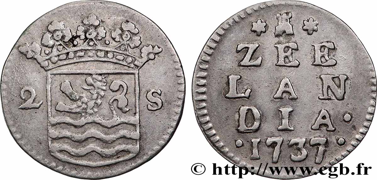 PAYS-BAS - PROVINCES-UNIES 2 Stuivers Zélande : écu couronné 1737  TTB 