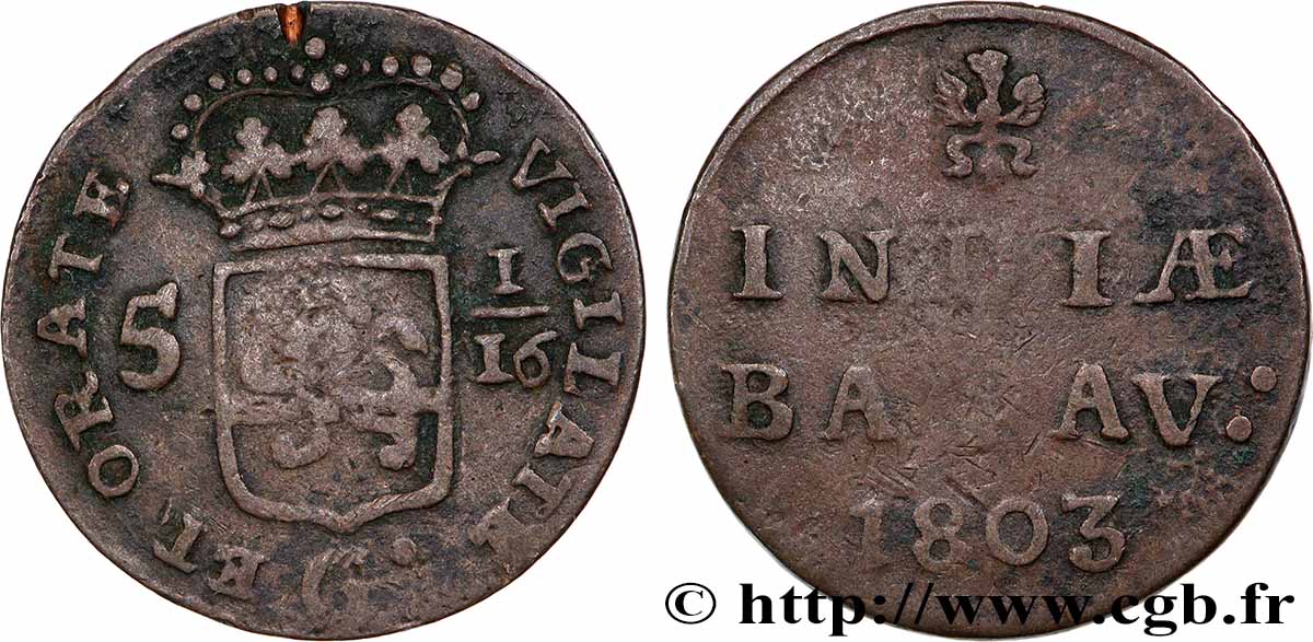 INDES NEERLANDAISES 5 1/16 Gulden (1 Duit) écu couronné des Pays-Bas 1803 Enkhuizen TTB 