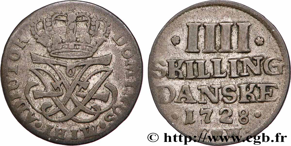 ROYAUME DU DANEMARK - FRÉDÉRIC IV 4 Skilling Danske 1728 Copenhague TTB 