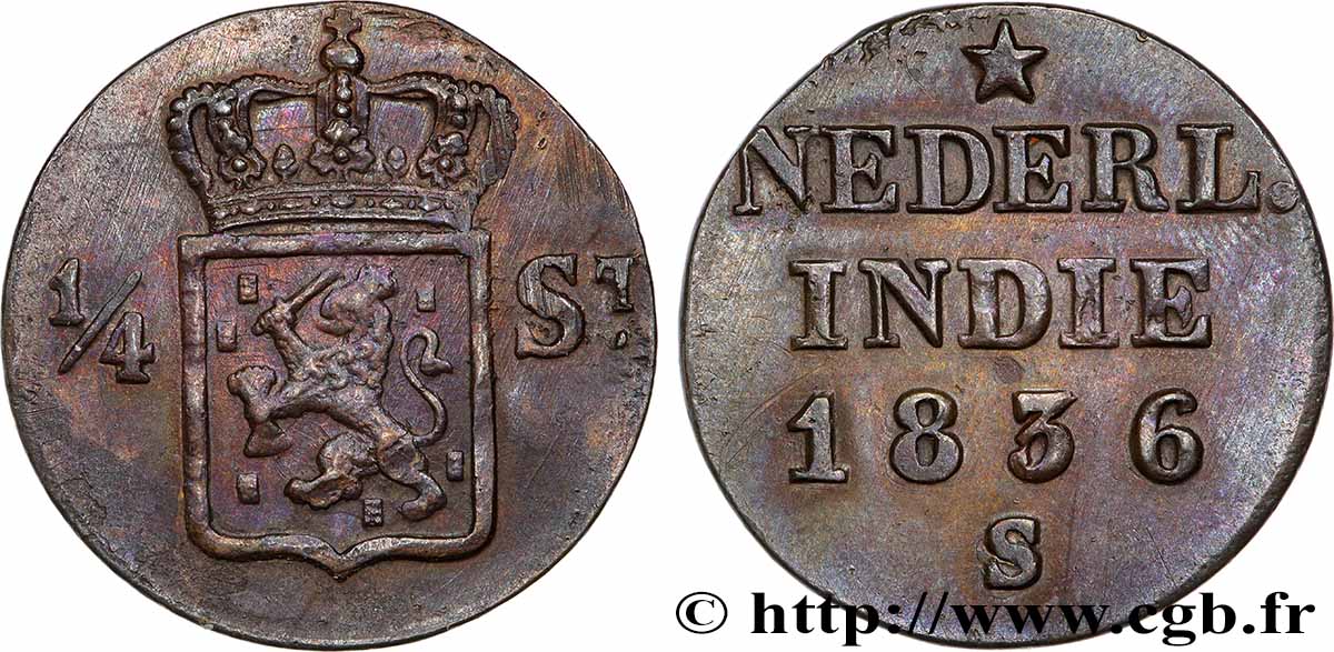 NETHERLANDS INDIES 1/4 Stuiver aux armes d’Utrecht pour Sumatra 1836 Utrecht XF 