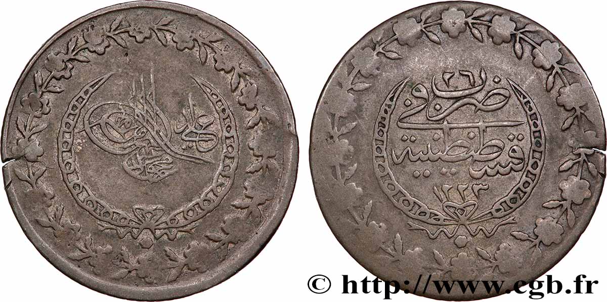 TURKEY 2 1/2 Kurush au nom de Mahmud II AH1223 / an 26 1833 Constantinople VF 