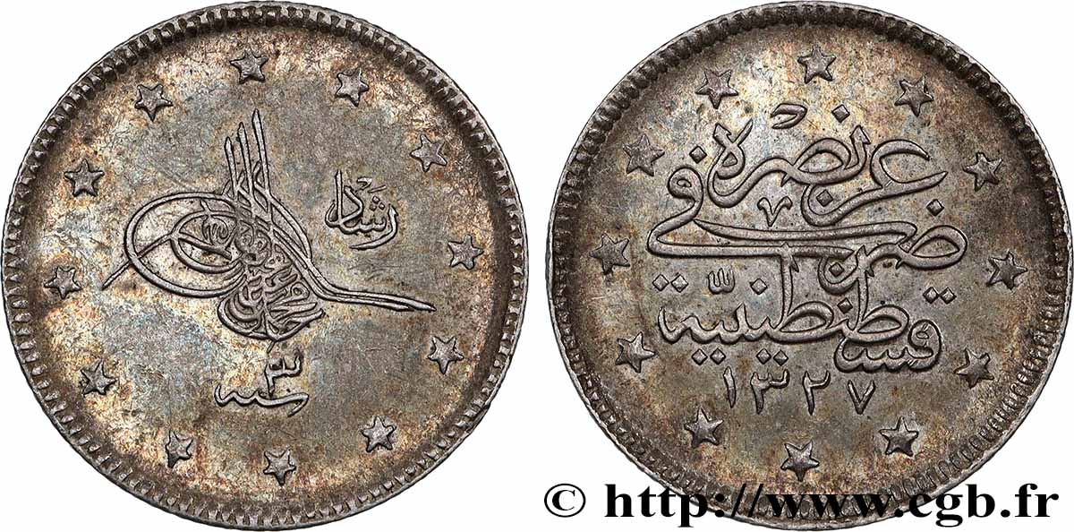 TURQUIE 2 Kurush Mehmet V AH 1327 an 3 (1911) Constantinople TTB+ 