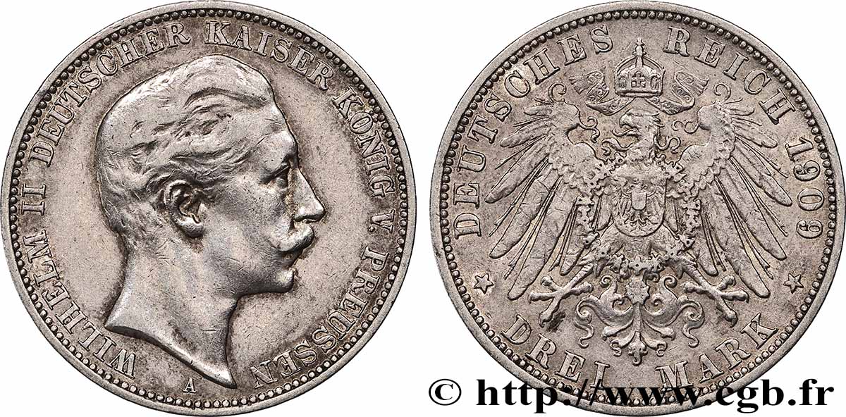 GERMANY - PRUSSIA 3 Mark Guillaume II 1909 Berlin XF 