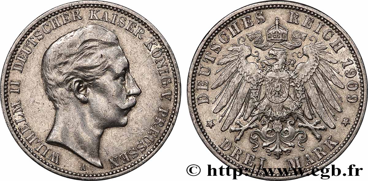 GERMANIA - PRUSSIA 3 Mark Guillaume II 1909 Berlin BB 