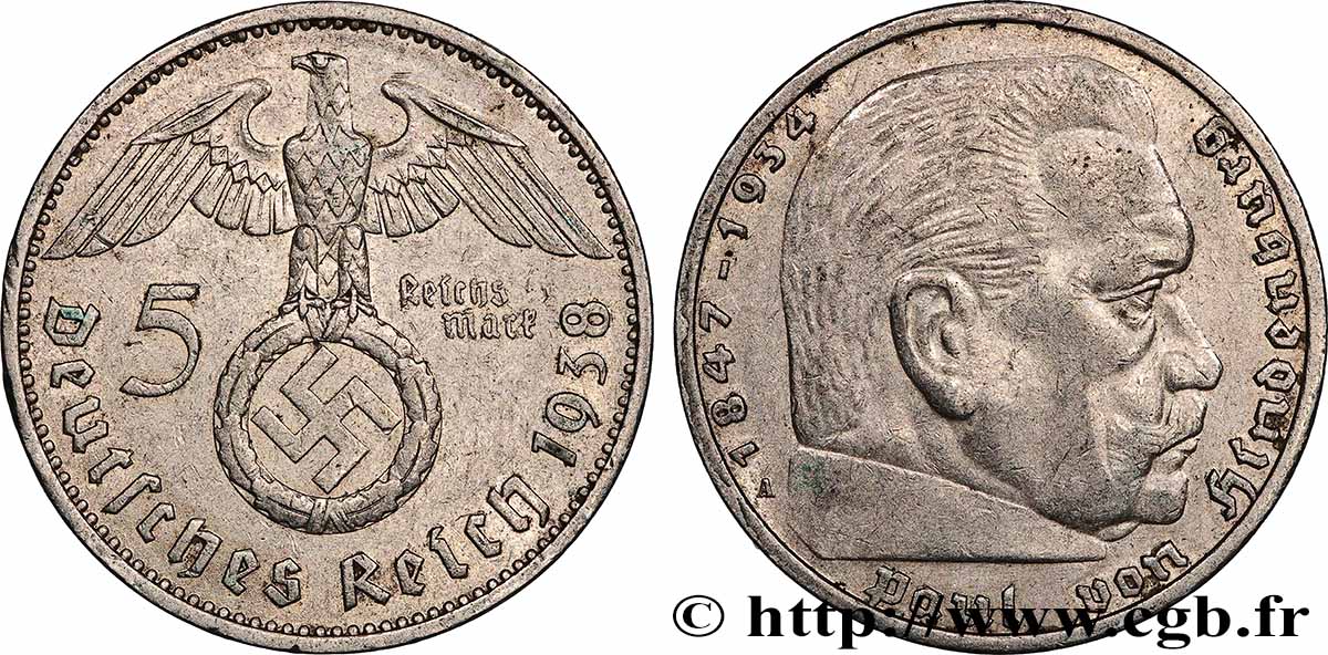 ALLEMAGNE 5 Reichsmark Maréchal Paul von Hindenburg 1938 Berlin TTB+ 