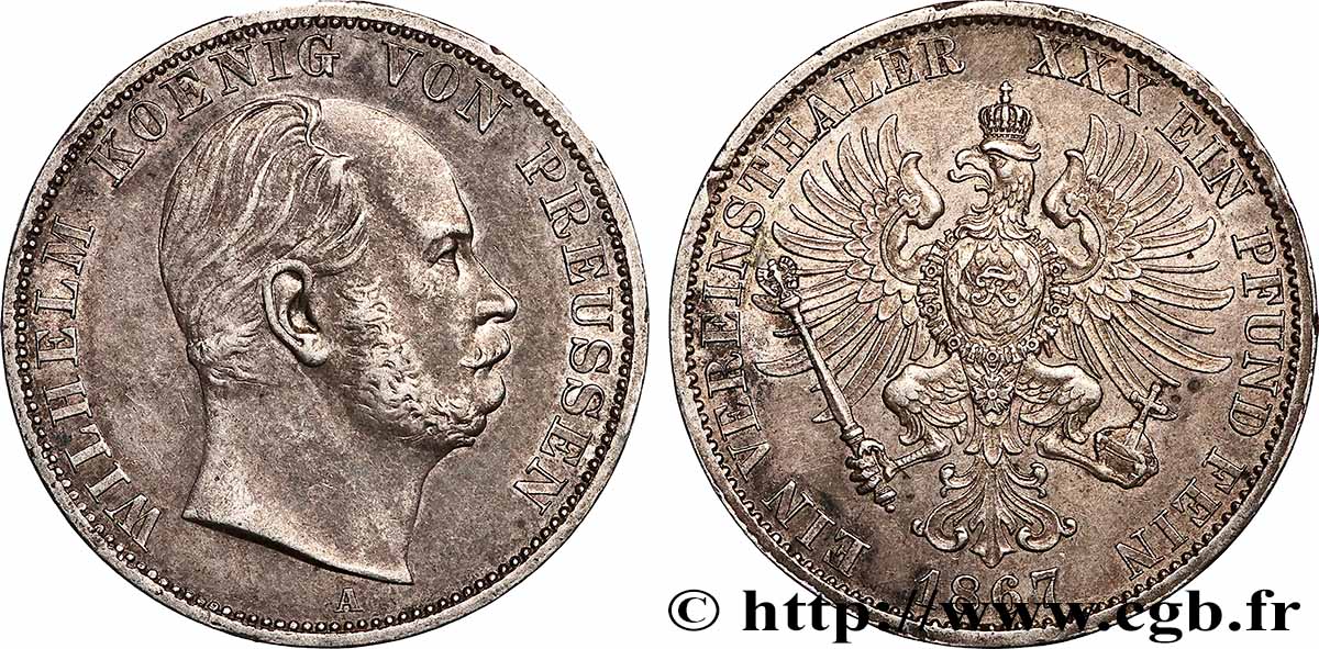 ALLEMAGNE - ROYAUME DE PRUSSE - GUILLAUME Ier 1 Thaler  1867 Berlin XF 
