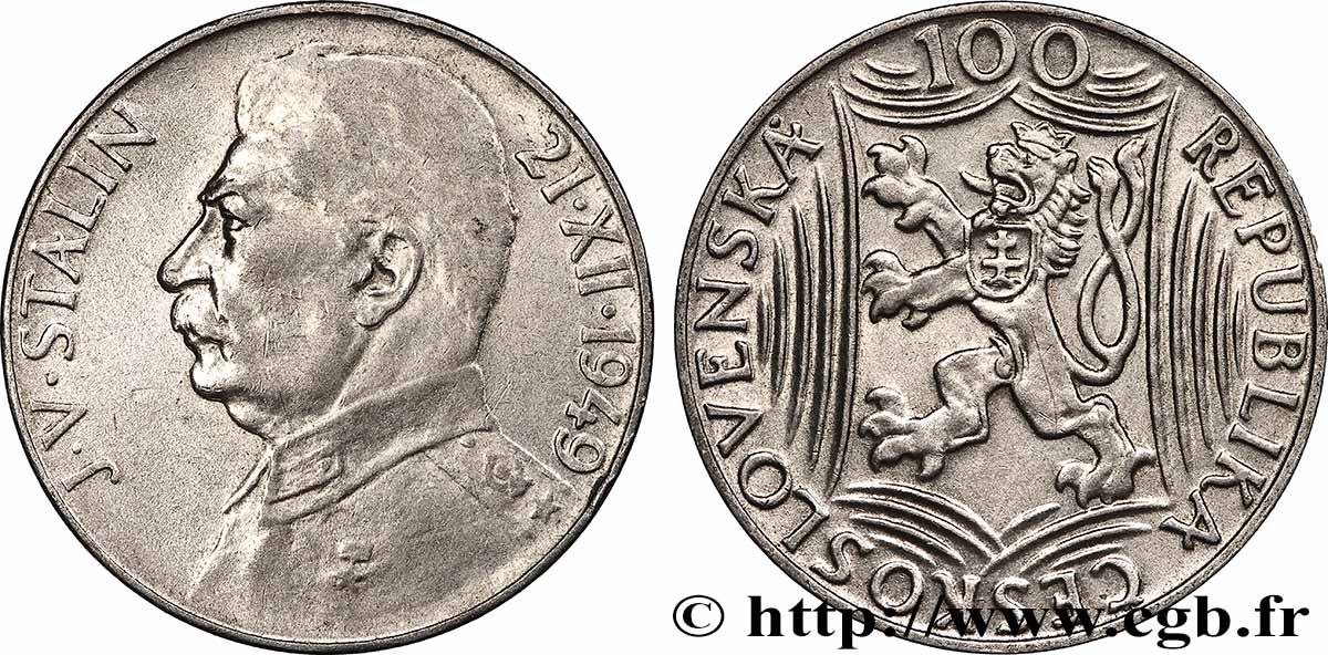 TCHÉCOSLOVAQUIE 100 Korun 70e anniversaire de Staline 1949  TTB+ 