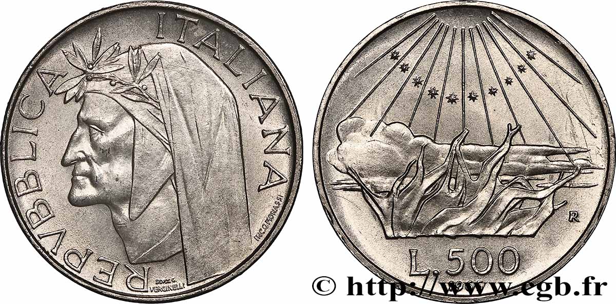 ITALIE 500 Lire 700e anniversaire de la naissance de Dante Alighieri / l’Enfer 1965 Rome SPL 