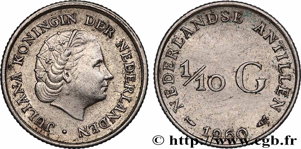 ANTILLES NÉERLANDAISES 1/10 Gulden reine Juliana 1960 Utrecht TTB+ 