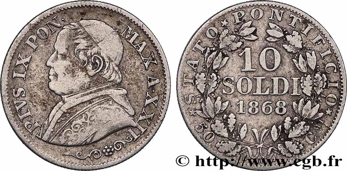 VATICAN ET ÉTATS PONTIFICAUX 10 Soldi (50 Centesimi) Pie IX an XXII 1868 Rome TTB 
