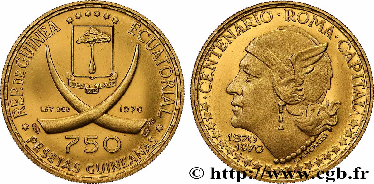 EQUATORIAL GUINEA 750 Pesetas Proof Dieu Mercure en bronze doré 1970  MS 