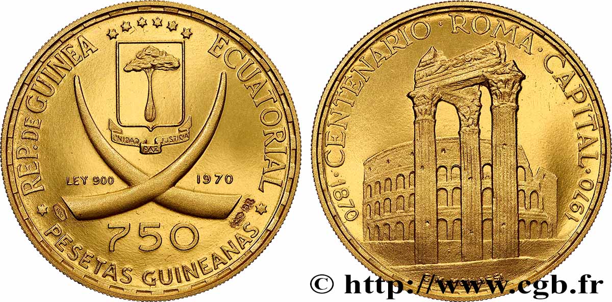 GUINÉE ÉQUATORIALE 750 Pesetas Proof Rome, forum et Colisée en bronze doré 1970  FDC 