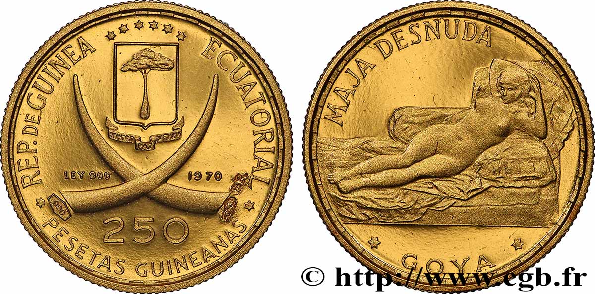 GUINÉE ÉQUATORIALE 250 Pesetas Proof Maja Desnuda de Goya en bronze doré 1970  FDC 