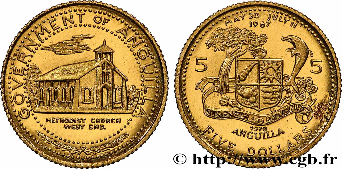 ANGUILLA 5 Dollars Proof Église méthodiste en bronze doré 1970  MS 