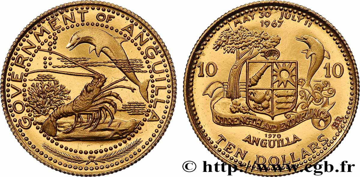 ANGUILLA 10 Dollars Proof Vie marine des Caraïbes en bronze doré 1970  MS 