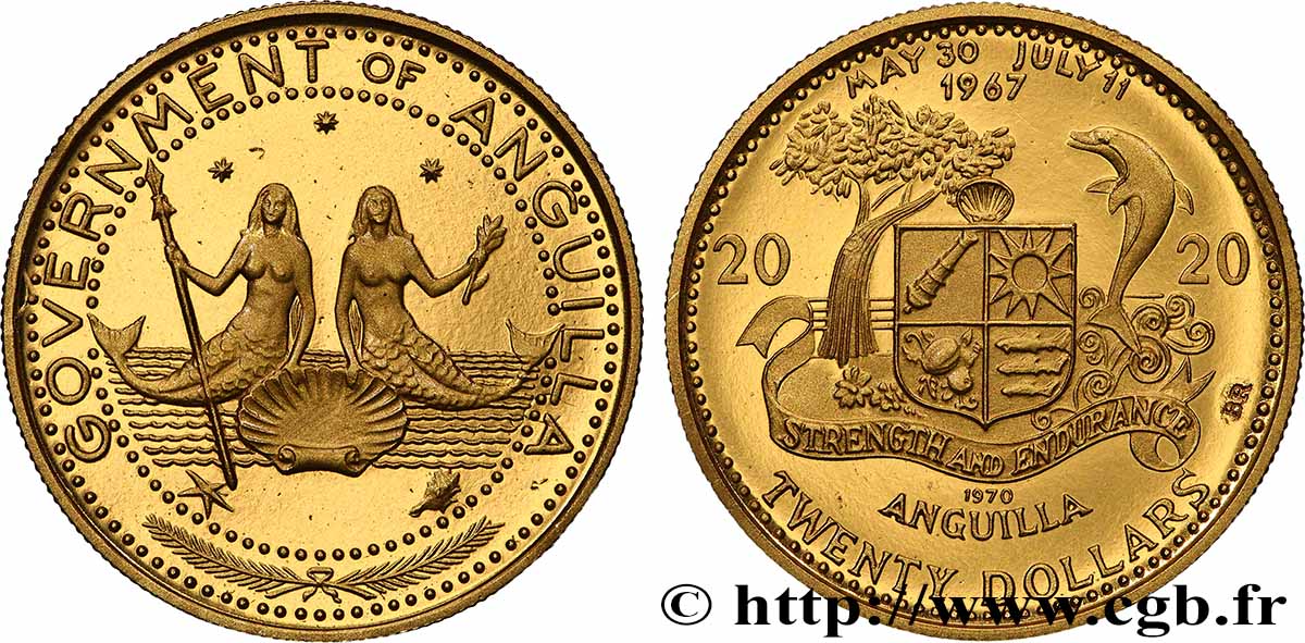 ANGUILLA 20 Dollars Proof Sirènes en bronze doré 1970  MS 