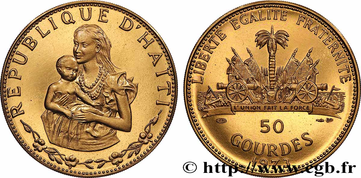 HAITI 50 Gourdes Proof femme à l’enfant en bronze doré 1973  ST 