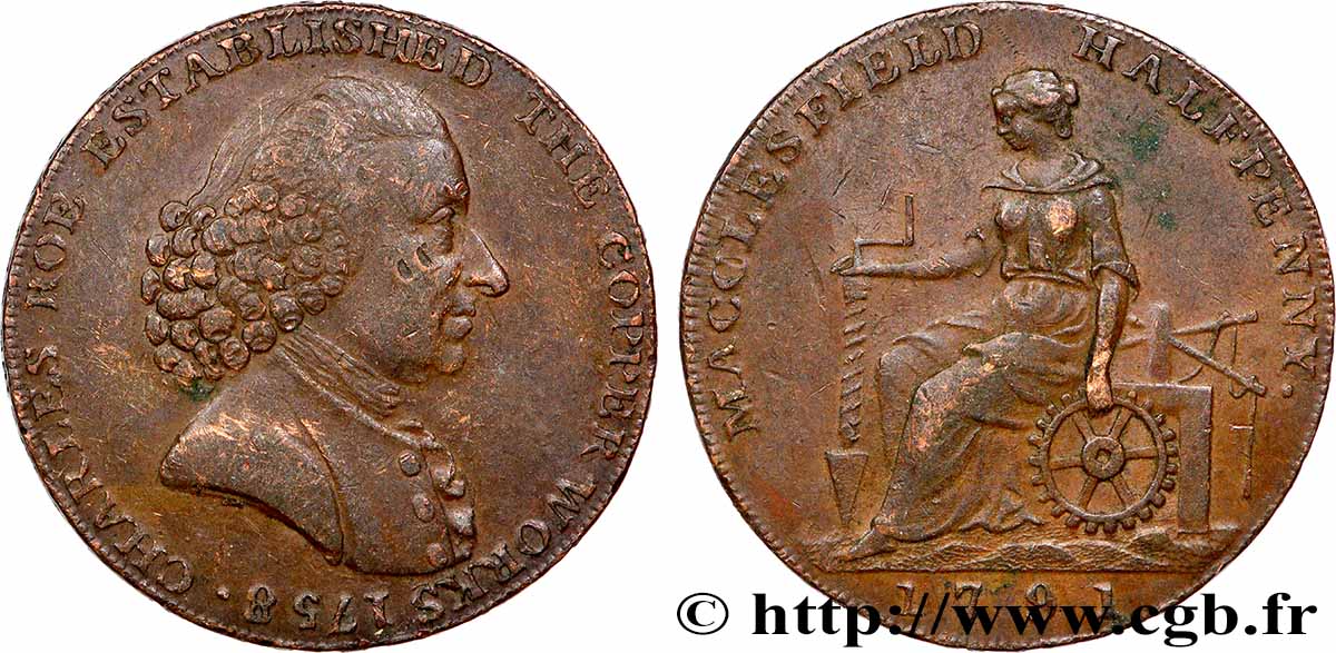 ROYAUME-UNI (TOKENS) 1/2 Penny Macclesfield (Cheshire) Charles Roe 1791  TTB 