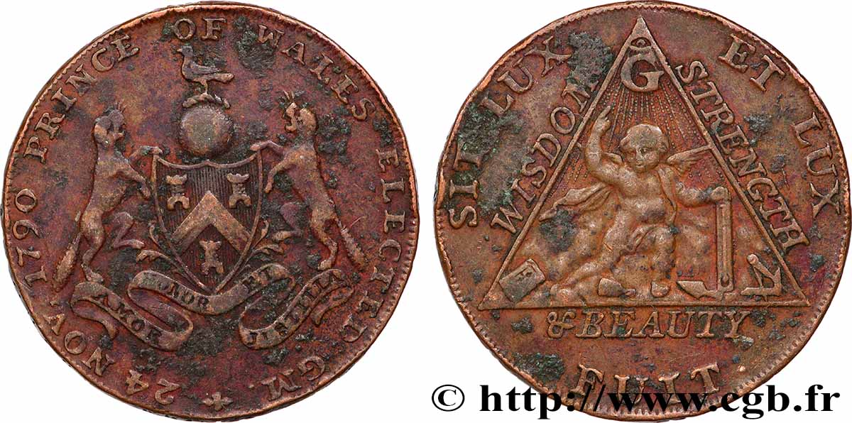 GETTONI BRITANICI 1/2 Penny franc-maçonnique Middlesex pour l’élévation du Prince de Galles au titre de Grand-Maître 1790  BB 