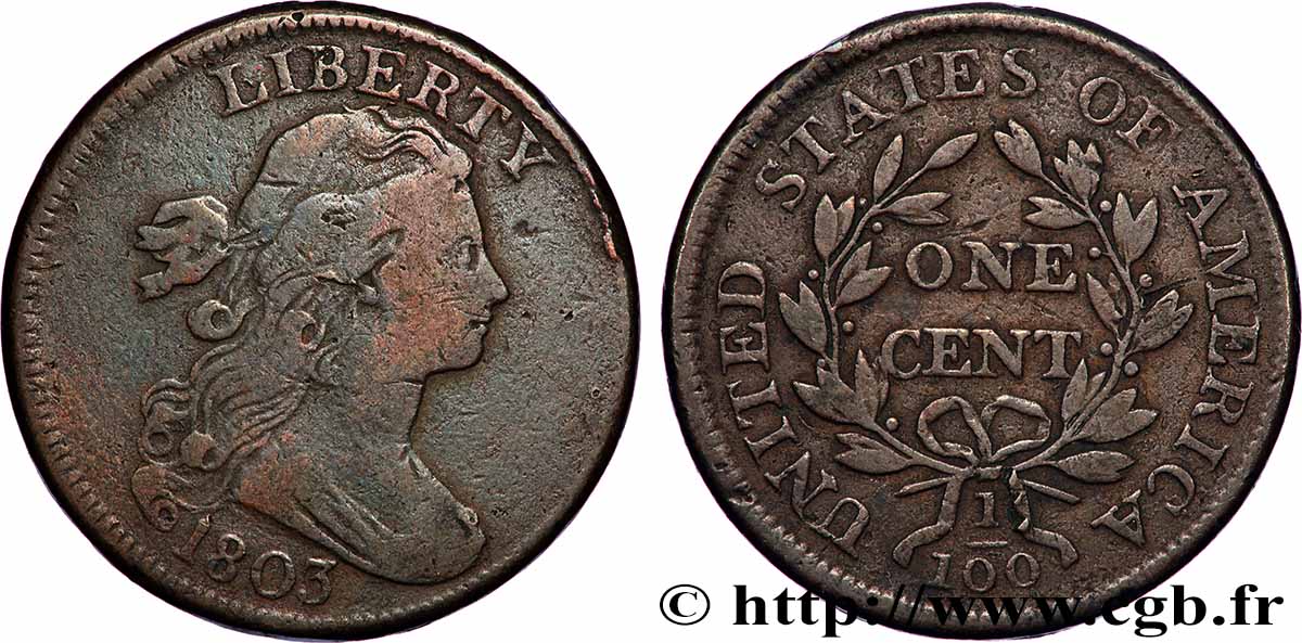 UNITED STATES OF AMERICA 1 Cent “Draped Bust” 1803 Philadelphie VF 