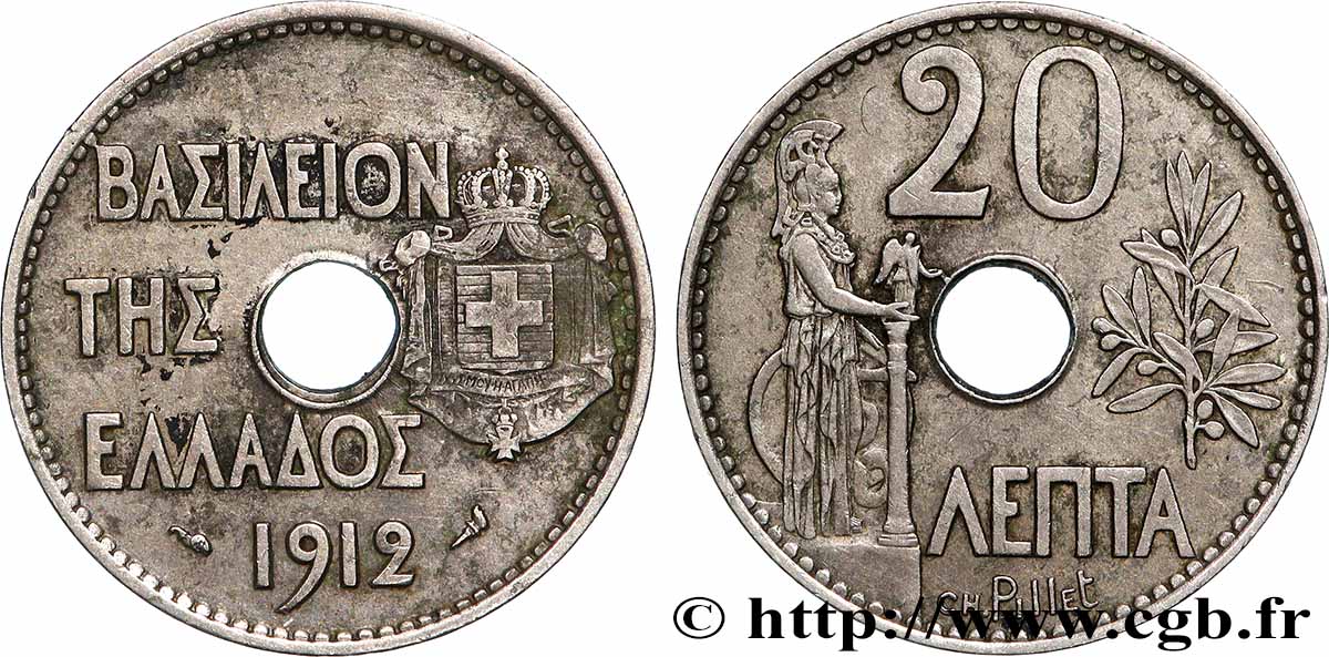 GRÈCE 20 Lepta Athena debout 1912 Paris TTB+ 