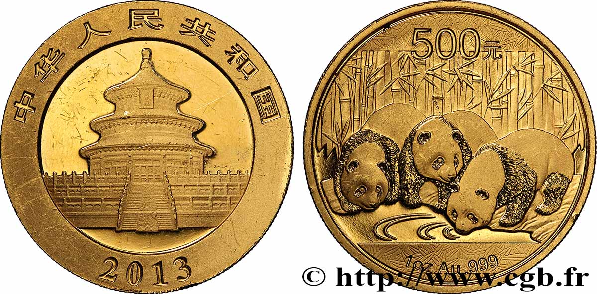GOLD, PALLADIUM & PLATINUM INVESTMENT 500 Yuan Panda 2013  MS 