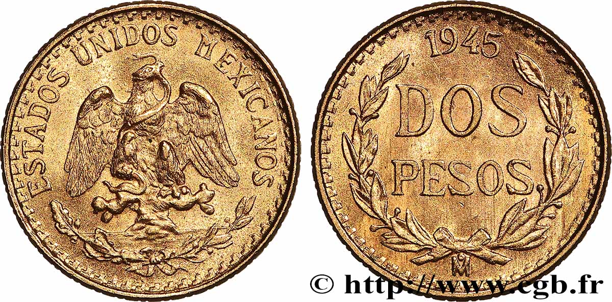 GOLD, PALLADIUM & PLATINUM INVESTMENT 2 Pesos 1945 Mexico AU 