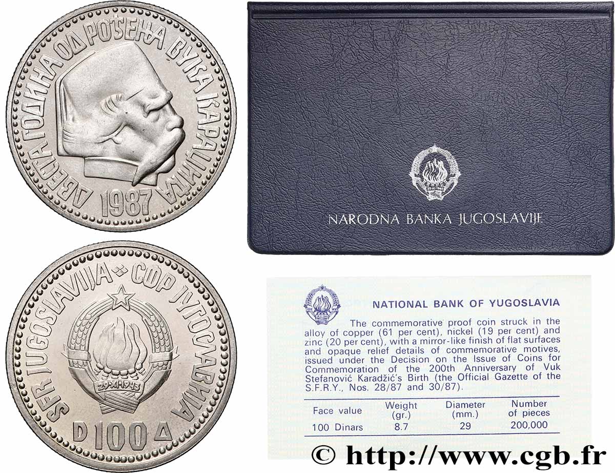 YOUGOSLAVIE 100 Dinara 200e anniversaire de la naissance de Vuk Stefanović Karadžić 1987  FDC 
