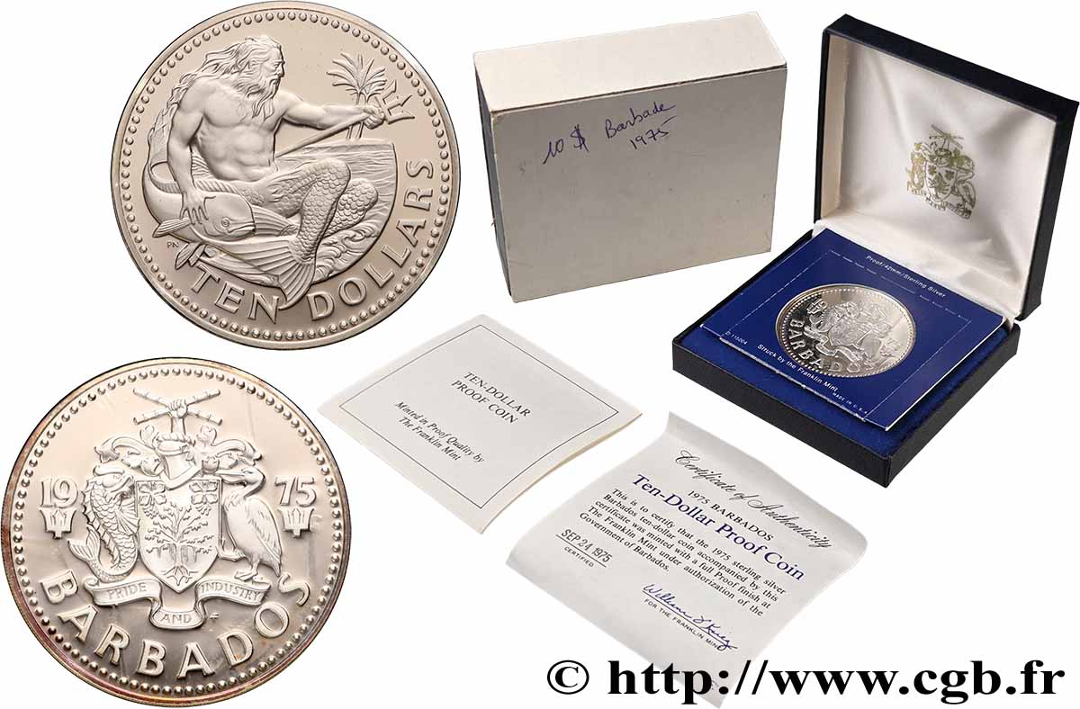 BARBADOS 10 Dollars Proof Neptune 1975  MS 