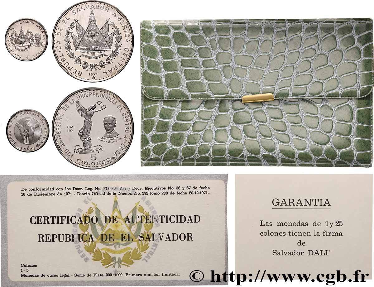 EL SALVADOR Série 5 Colones et 1 Colon 150e anniversaire de l’indépendance 1971 Vereinigte Deutsche Metall FDC 
